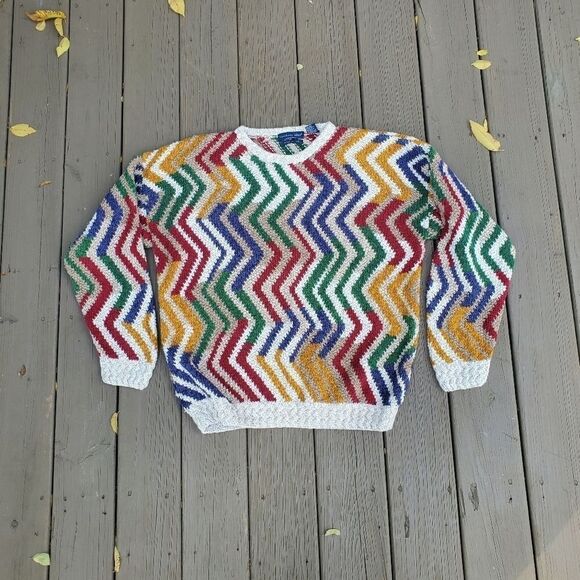 Vintage 90s y2k Biggie Cosby Zig Zag Multicolor Cotton Knit Pullover Sweater - Picture 4 of 5